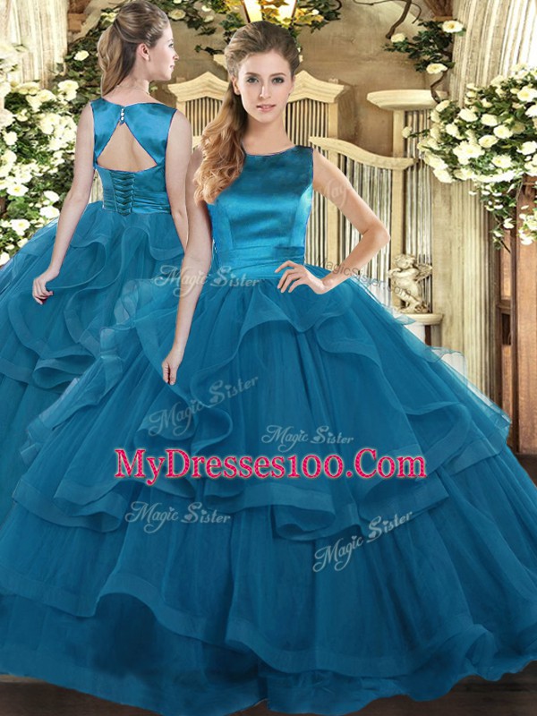 Eye-catching Floor Length Teal Vestidos de Quinceanera Tulle Sleeveless Ruffles