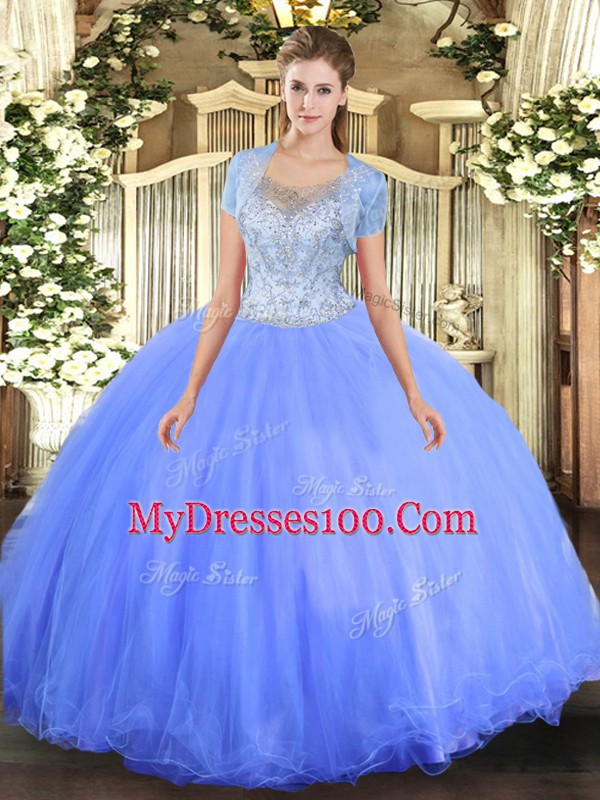 Floor Length Blue Sweet 16 Dresses Tulle Sleeveless Beading