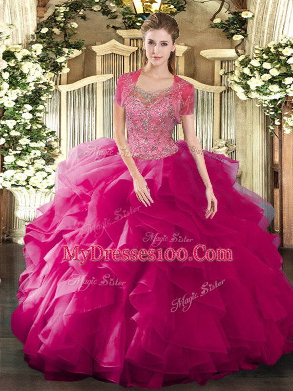 Super Fuchsia Scoop Clasp Handle Beading and Ruffled Layers Sweet 16 Dresses Sleeveless