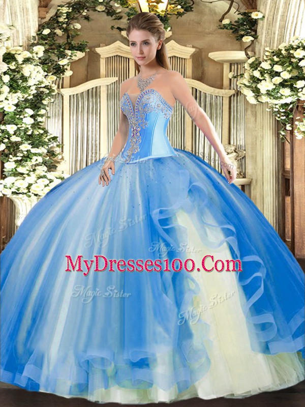 Floor Length Baby Blue Vestidos de Quinceanera Sweetheart Sleeveless Lace Up