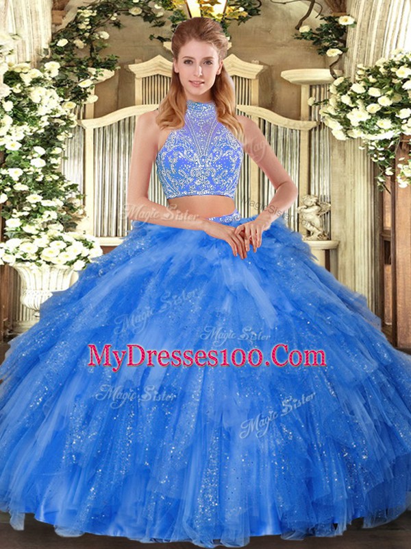 Tulle Sleeveless Floor Length 15 Quinceanera Dress and Beading and Ruffles