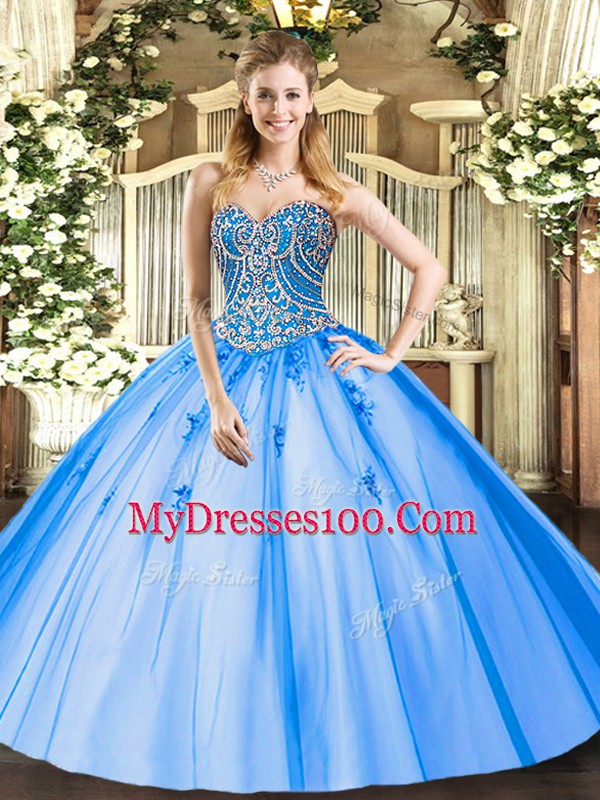 Classical Blue Ball Gowns Tulle Sweetheart Sleeveless Beading and Appliques Floor Length Lace Up Vestidos de Quinceanera