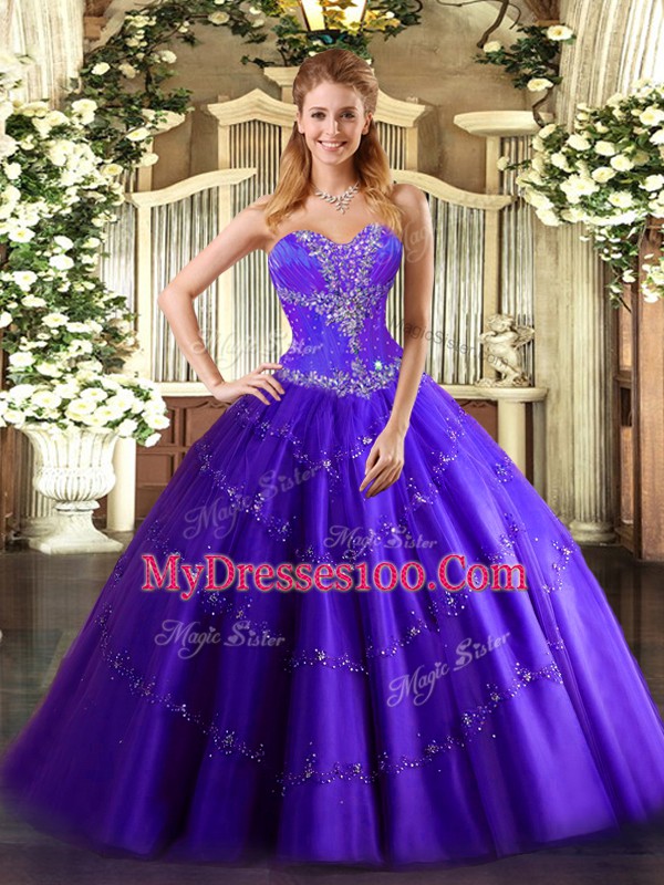 Romantic Purple Sleeveless Floor Length Beading Lace Up Sweet 16 Dresses