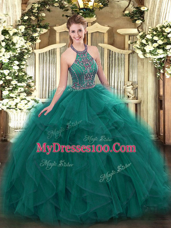 Teal Sleeveless Tulle Lace Up Sweet 16 Quinceanera Dress for Military Ball and Sweet 16 and Quinceanera