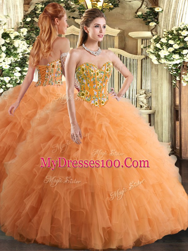 Trendy Orange Ball Gowns Sweetheart Sleeveless Tulle Floor Length Lace Up Embroidery and Ruffles Sweet 16 Quinceanera Dress