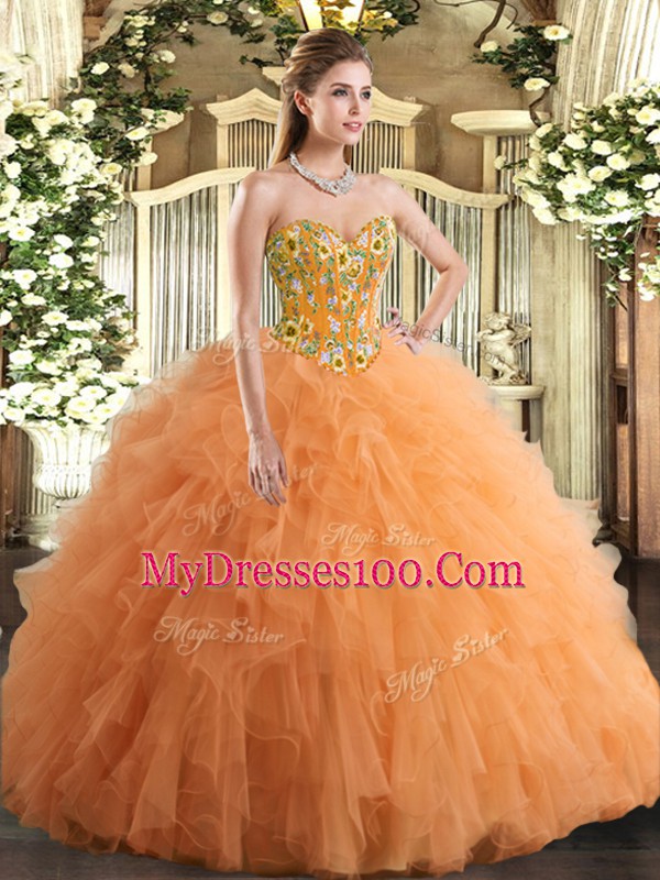 Trendy Orange Ball Gowns Sweetheart Sleeveless Tulle Floor Length Lace Up Embroidery and Ruffles Sweet 16 Quinceanera Dress