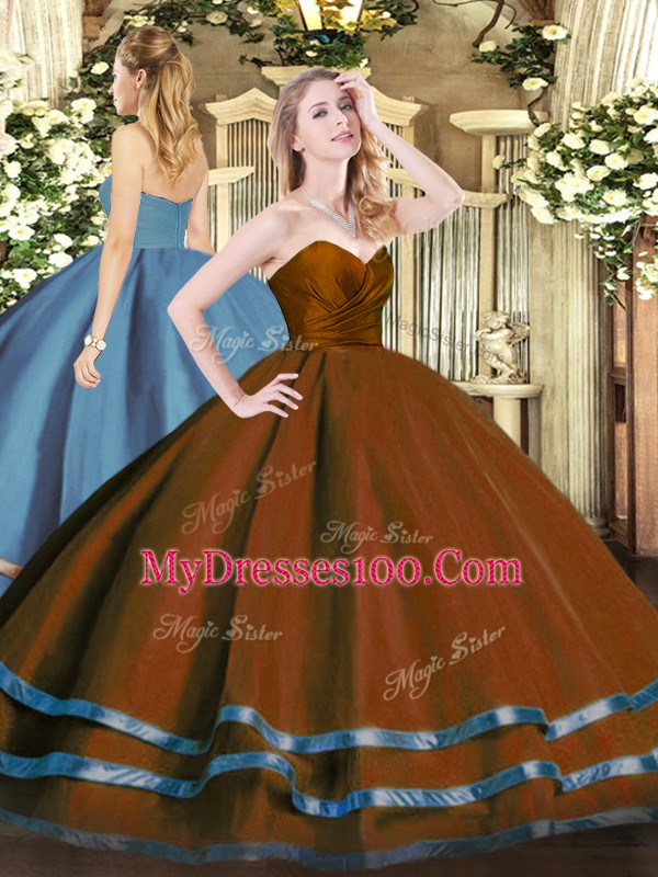 Brown Ball Gowns Tulle Sweetheart Sleeveless Ruffled Layers Floor Length Zipper Sweet 16 Quinceanera Dress