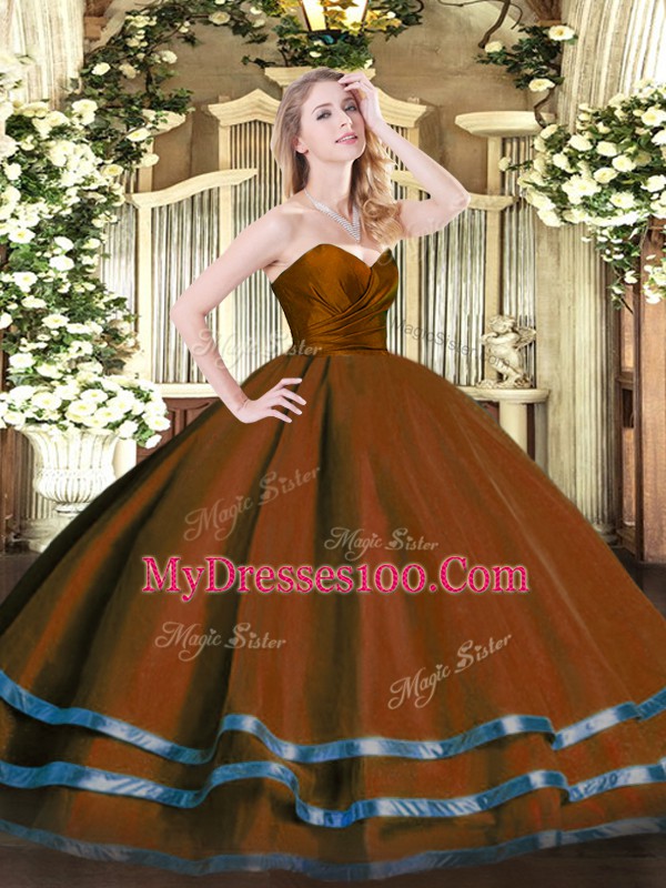 Brown Ball Gowns Tulle Sweetheart Sleeveless Ruffled Layers Floor Length Zipper Sweet 16 Quinceanera Dress