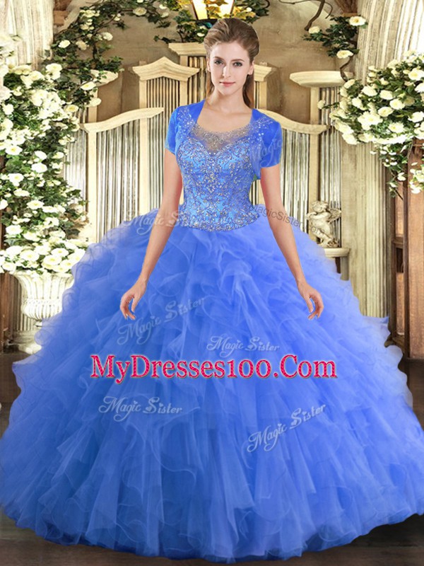 Stylish Sleeveless Floor Length Beading and Ruffled Layers Clasp Handle Quinceanera Dresses with Baby Blue