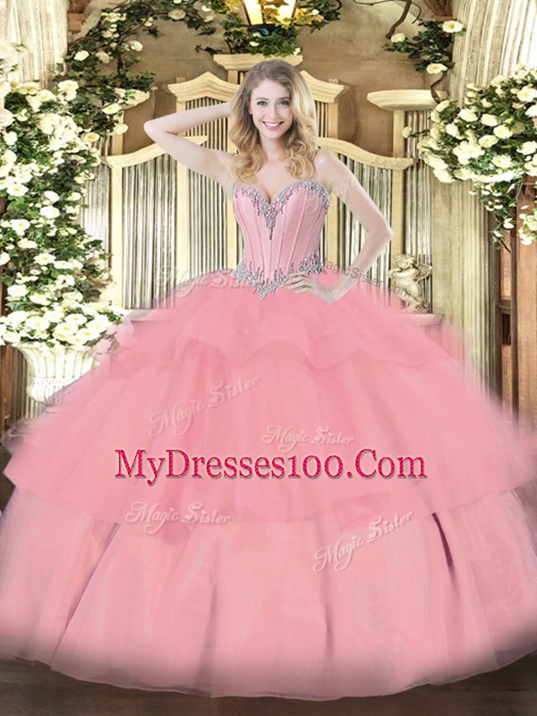 Pretty Floor Length Ball Gowns Sleeveless Baby Pink Sweet 16 Dress Lace Up