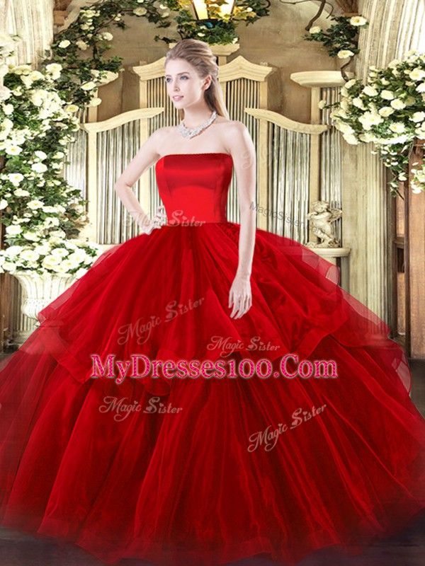 High End Wine Red Sleeveless Tulle Brush Train Zipper Quinceanera Gown for Military Ball and Sweet 16 and Quinceanera