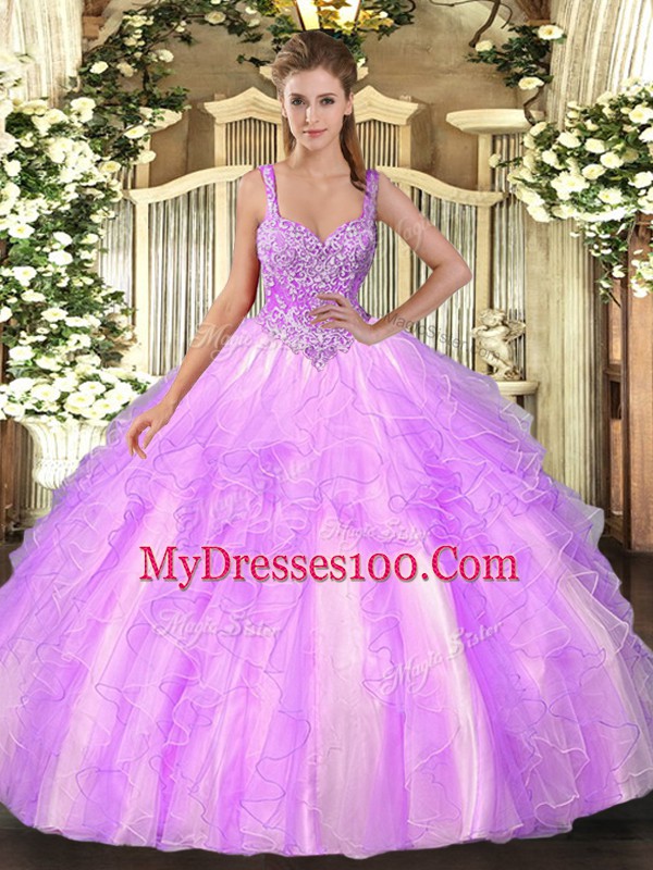 Sumptuous Lilac Tulle Lace Up Straps Sleeveless Floor Length Sweet 16 Dresses Beading and Ruffles
