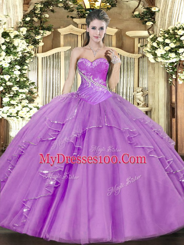 Lavender Quinceanera Gowns Military Ball and Sweet 16 and Quinceanera with Beading and Ruffles Sweetheart Sleeveless Side Zipper