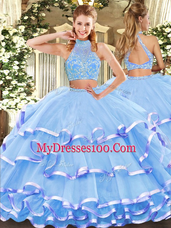 High End Aqua Blue Tulle Criss Cross Halter Top Sleeveless Floor Length Vestidos de Quinceanera Beading and Ruffled Layers