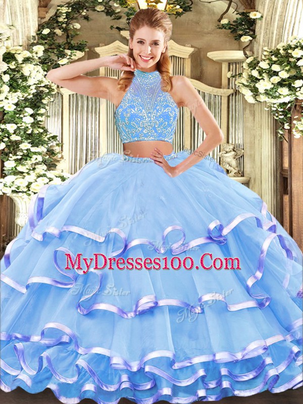 High End Aqua Blue Tulle Criss Cross Halter Top Sleeveless Floor Length Vestidos de Quinceanera Beading and Ruffled Layers