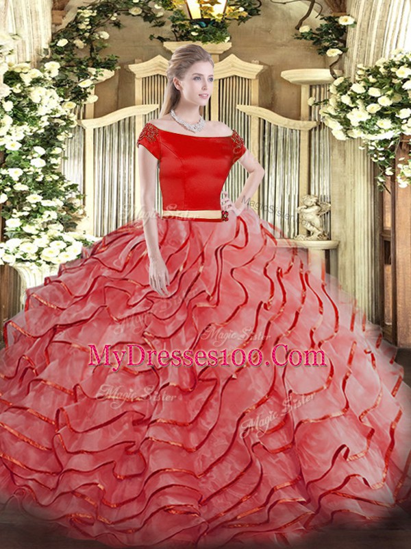 Dramatic Coral Red Two Pieces Tulle Off The Shoulder Short Sleeves Ruffled Layers Zipper Quinceanera Gown Brush Train