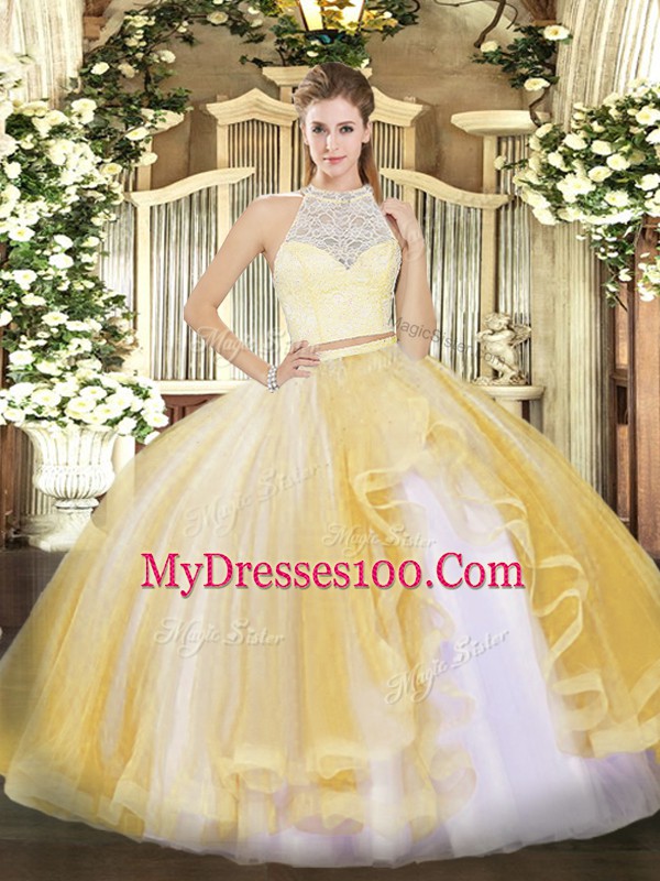 Custom Fit Floor Length Gold Quinceanera Gowns Tulle Sleeveless Lace and Ruffles