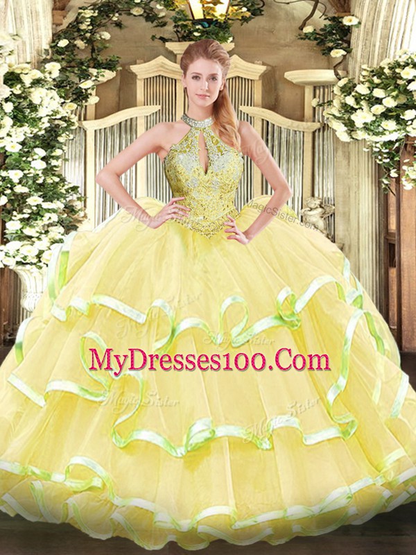 Perfect Beading and Ruffled Layers Quinceanera Gown Yellow Lace Up Sleeveless Floor Length