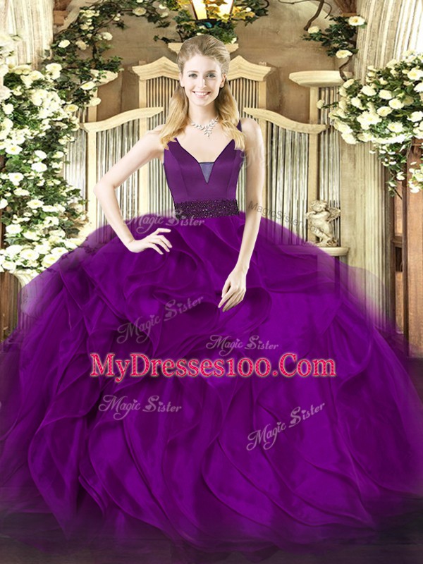Custom Fit Ball Gowns Quince Ball Gowns Purple Straps Organza Sleeveless Floor Length Zipper