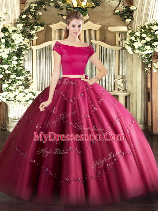 Sweet Floor Length Zipper Quinceanera Dress Hot Pink for Military Ball and Sweet 16 and Quinceanera with Appliques