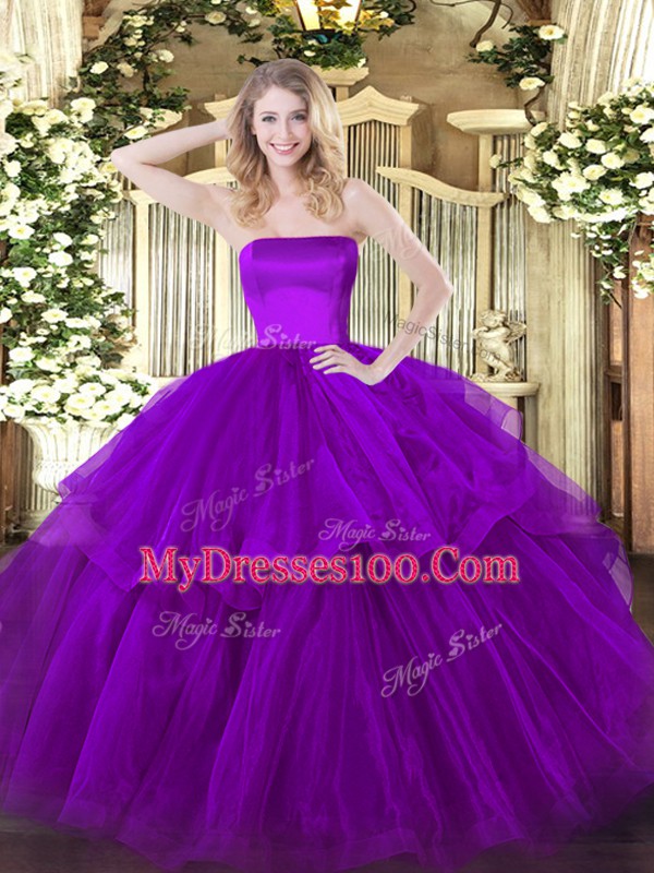 Elegant Sleeveless Tulle Brush Train Zipper 15th Birthday Dress in Purple with Ruffled Layers