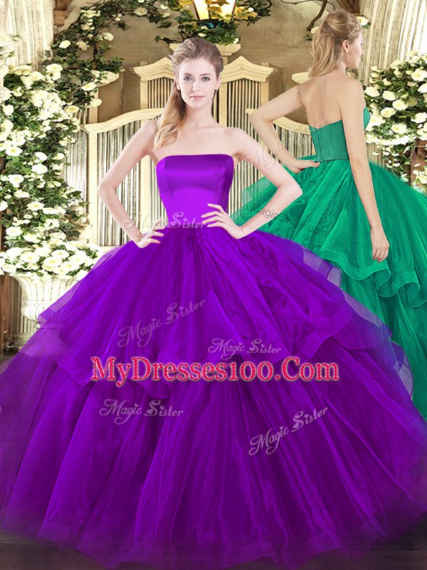 Elegant Sleeveless Tulle Brush Train Zipper 15th Birthday Dress in Purple with Ruffled Layers