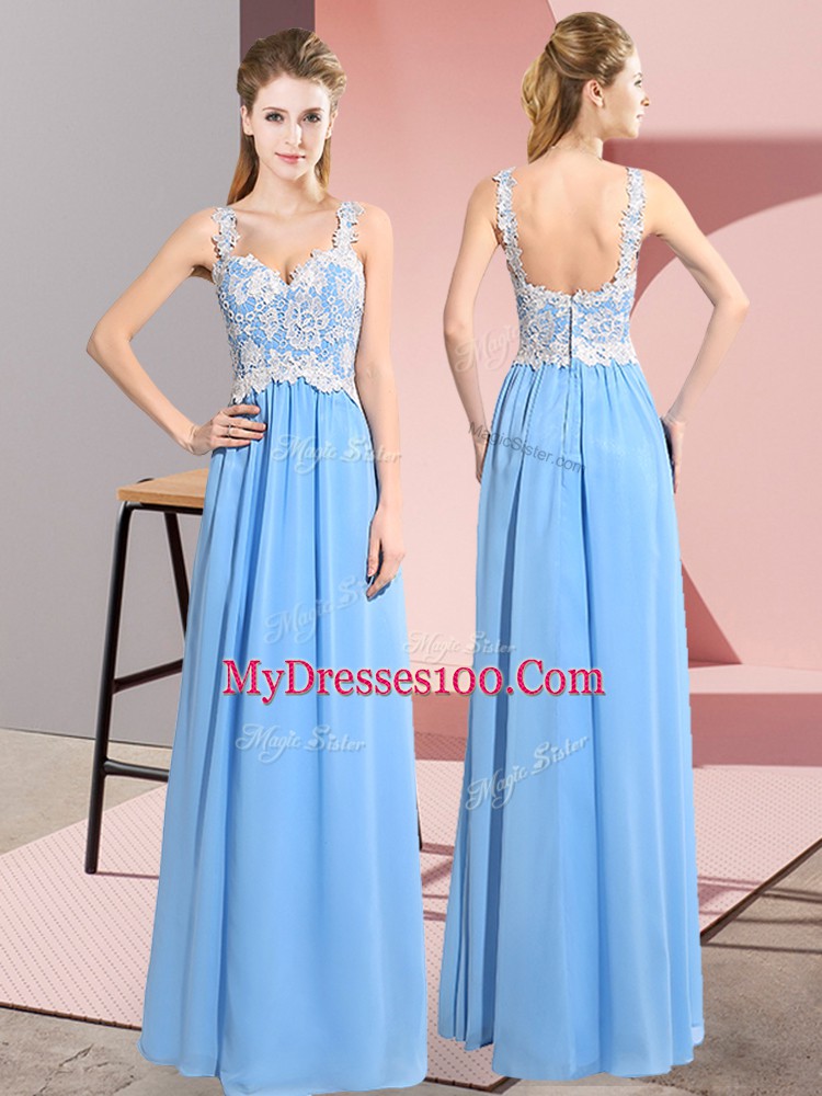 Modest Lace Prom Party Dress Aqua Blue Zipper Sleeveless Floor Length