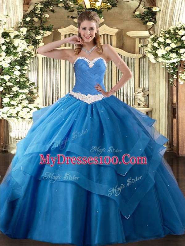 Floor Length Lace Up 15th Birthday Dress Baby Blue for Military Ball and Sweet 16 and Quinceanera with Appliques and Ruffled Layers