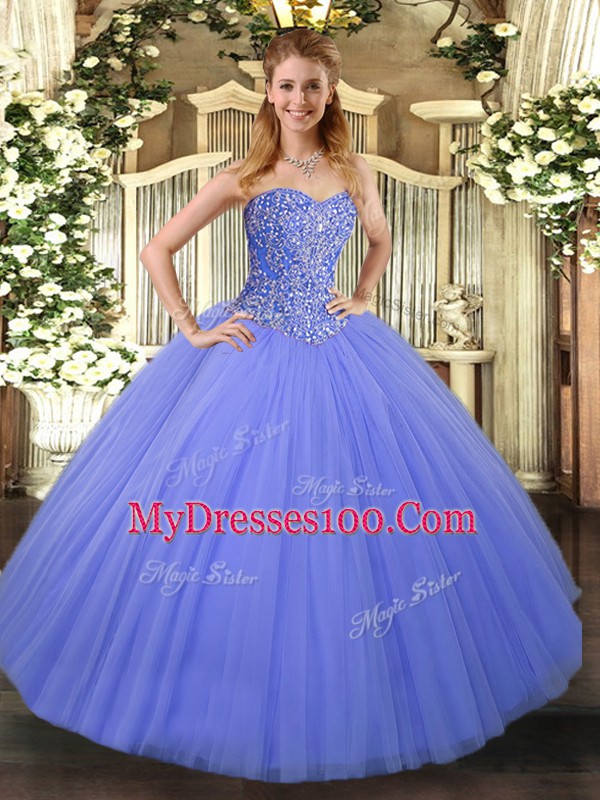 Ball Gowns Quinceanera Dresses Blue Sweetheart Tulle Sleeveless Floor Length Lace Up