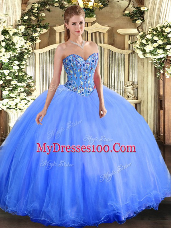 Pretty Blue Sleeveless Embroidery Floor Length 15th Birthday Dress