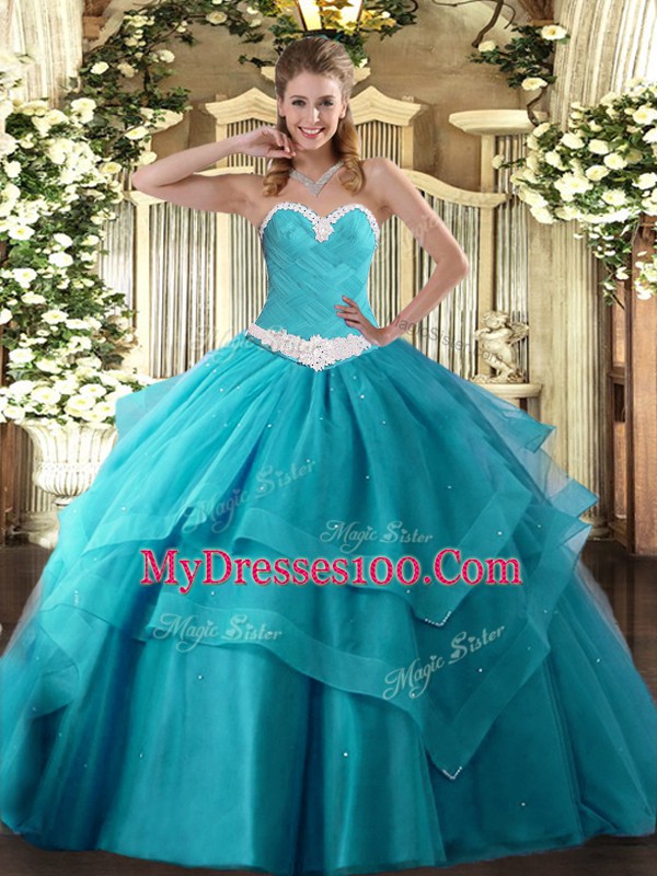 Excellent Sweetheart Sleeveless Lace Up Quinceanera Dresses Teal Tulle