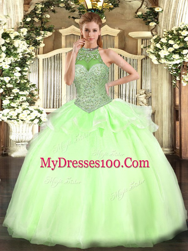 Popular Yellow Green Tulle Lace Up Halter Top Sleeveless Floor Length 15th Birthday Dress Beading