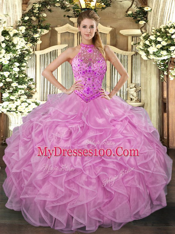 Lilac Lace Up 15 Quinceanera Dress Beading and Embroidery and Ruffles Sleeveless Floor Length