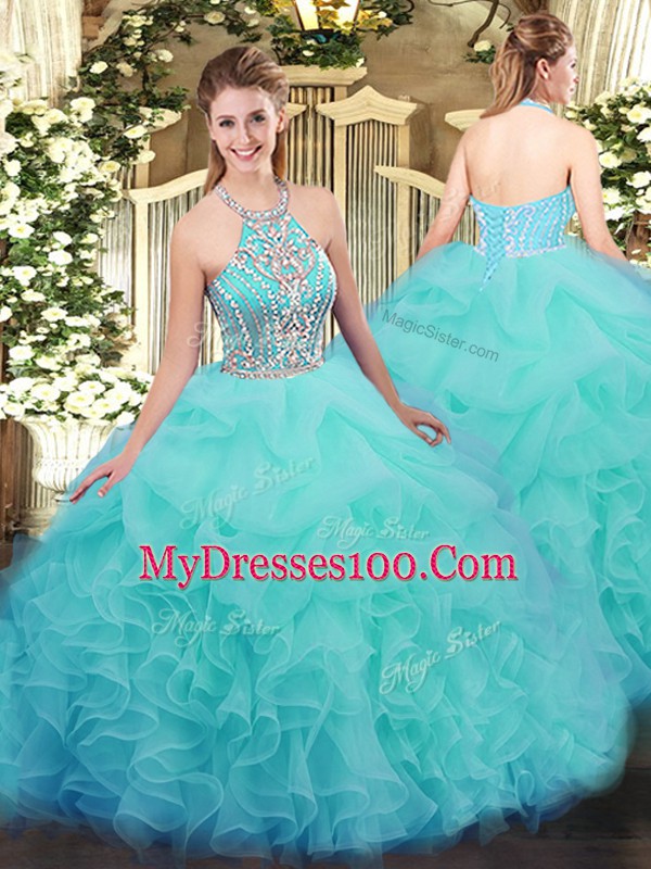 Sleeveless Tulle Floor Length Lace Up Quinceanera Gown in Aqua Blue with Ruffles