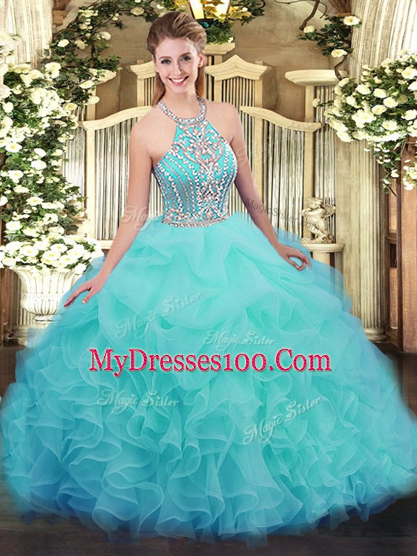 Sleeveless Tulle Floor Length Lace Up Quinceanera Gown in Aqua Blue with Ruffles