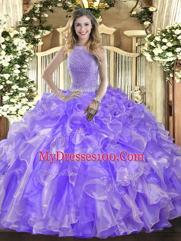 Sexy Lavender Organza Lace Up Vestidos de Quinceanera Sleeveless Floor Length Beading and Ruffles