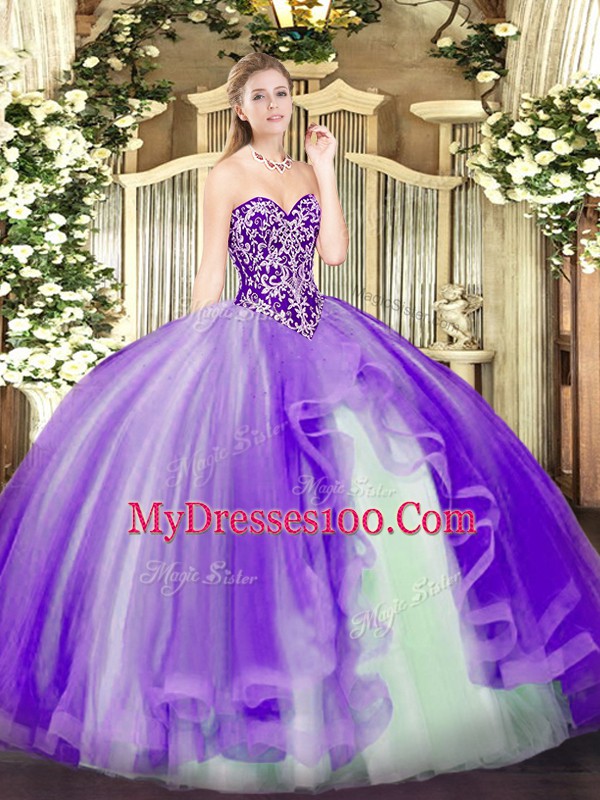 On Sale Lavender Sleeveless Tulle Lace Up Quince Ball Gowns for Military Ball and Sweet 16 and Quinceanera
