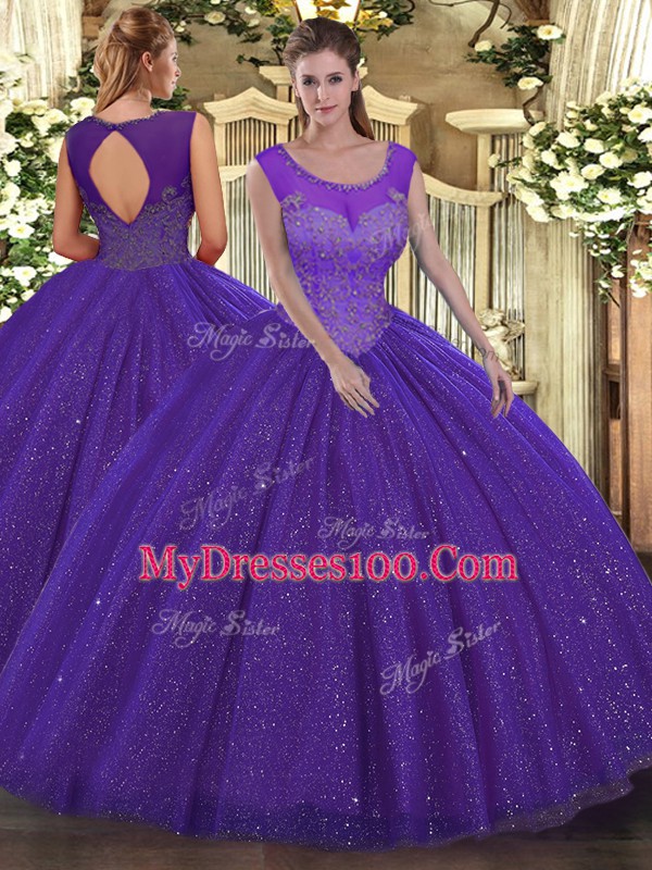 Glamorous Purple Scoop Neckline Beading Quinceanera Gowns Sleeveless Backless