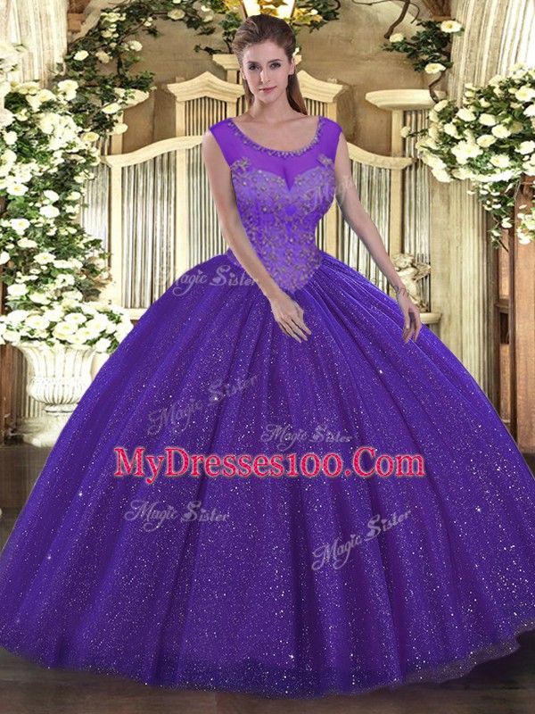 Glamorous Purple Scoop Neckline Beading Quinceanera Gowns Sleeveless Backless