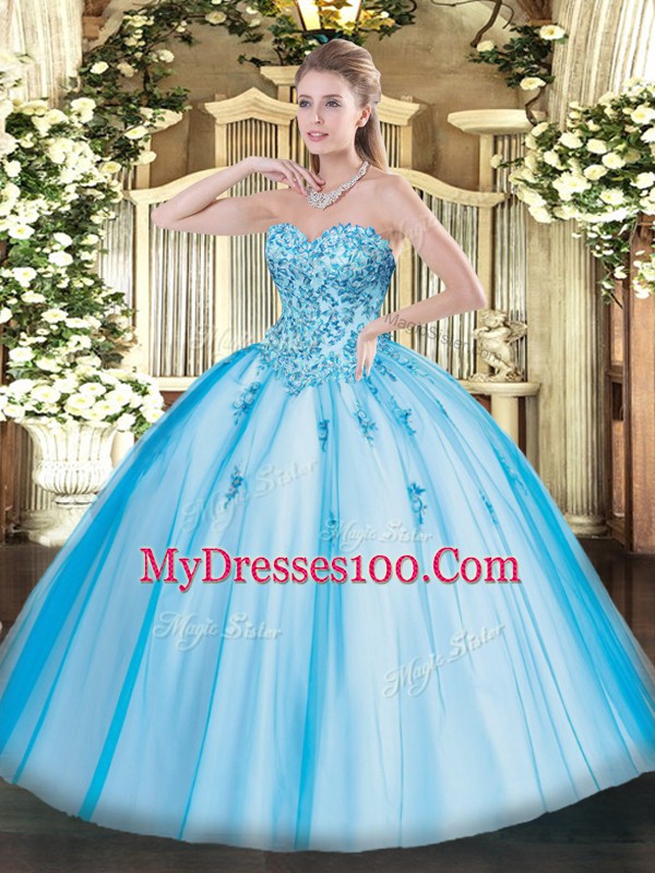 Best Selling Sleeveless Tulle Floor Length Lace Up 15th Birthday Dress in Baby Blue with Appliques