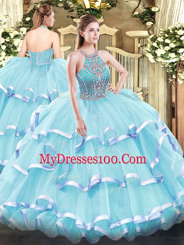 Hot Selling Aqua Blue Ball Gowns Tulle Halter Top Sleeveless Beading and Ruffled Layers Floor Length Lace Up Quinceanera Dresses