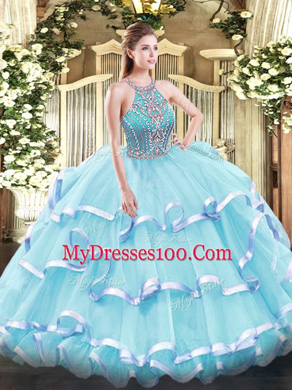 Hot Selling Aqua Blue Ball Gowns Tulle Halter Top Sleeveless Beading and Ruffled Layers Floor Length Lace Up Quinceanera Dresses