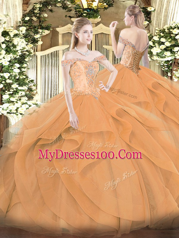 Sleeveless Tulle Floor Length Lace Up Sweet 16 Dresses in Orange with Beading and Ruffles
