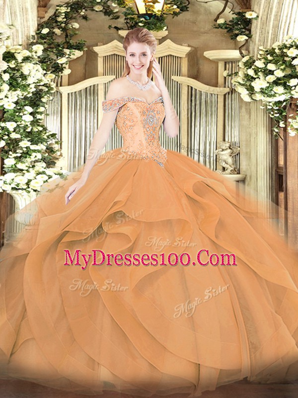 Sleeveless Tulle Floor Length Lace Up Sweet 16 Dresses in Orange with Beading and Ruffles