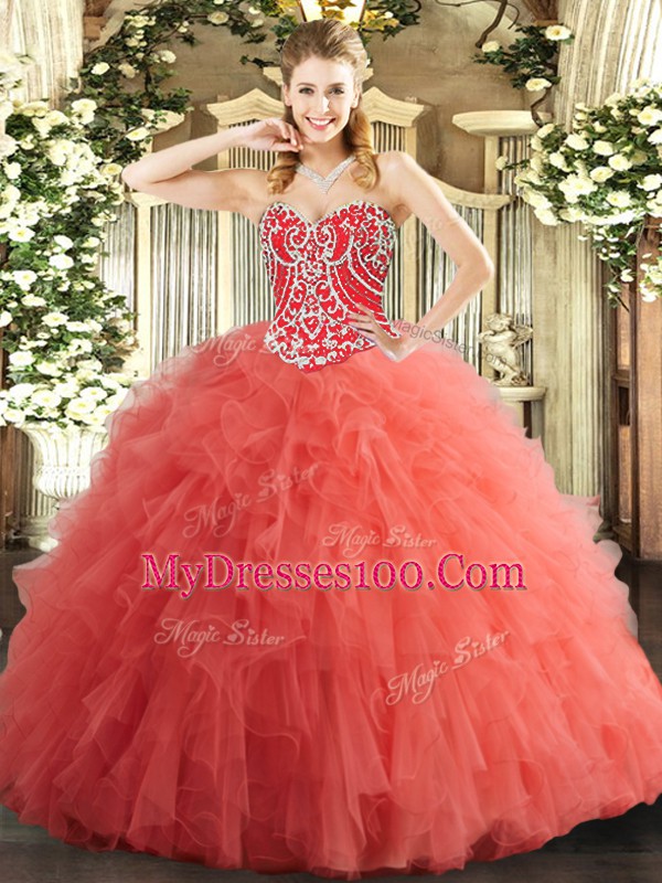 Watermelon Red Sweetheart Lace Up Beading and Ruffles Ball Gown Prom Dress Sleeveless