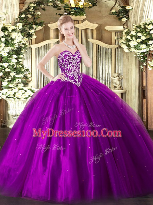 Ball Gowns 15 Quinceanera Dress Eggplant Purple Sweetheart Tulle Sleeveless Floor Length Lace Up
