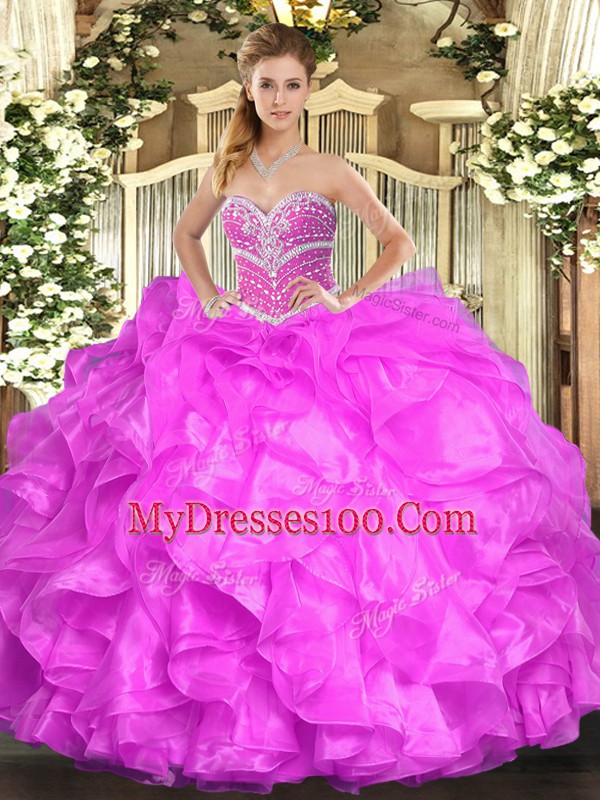 Hot Selling Fuchsia Ball Gowns Organza Sweetheart Sleeveless Beading and Ruffles Floor Length Lace Up Sweet 16 Dress