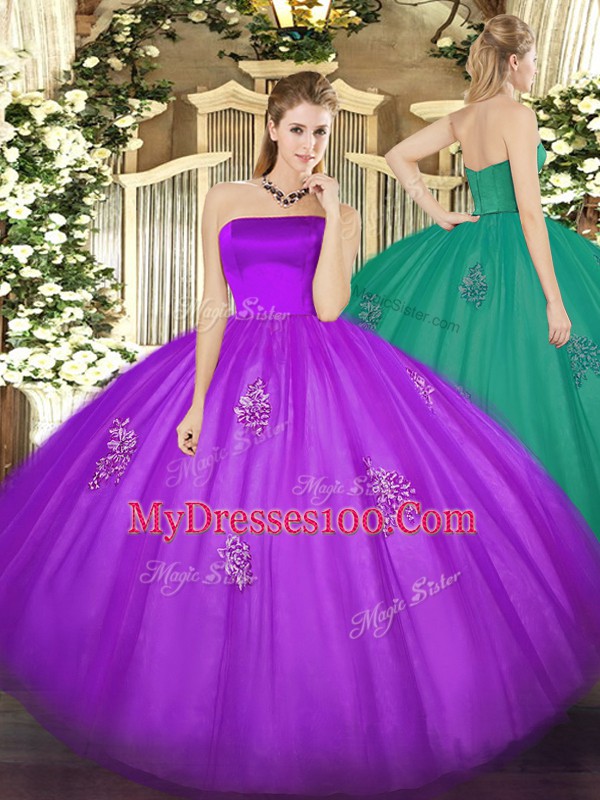Best Selling Eggplant Purple Zipper Quinceanera Gowns Appliques Sleeveless Floor Length