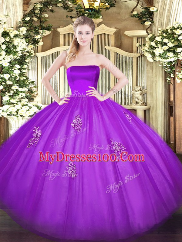 Best Selling Eggplant Purple Zipper Quinceanera Gowns Appliques Sleeveless Floor Length