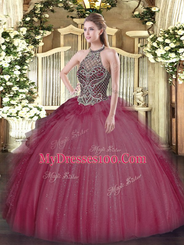 Floor Length Burgundy 15 Quinceanera Dress Halter Top Sleeveless Lace Up